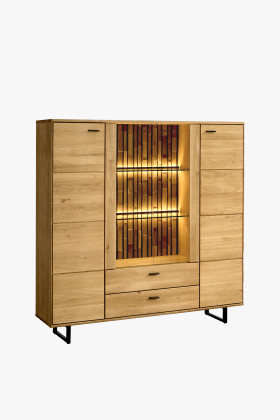 Hohe Eichenkommode mit Türen & Schubladen auf Metallbeinen